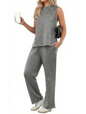 2 Piece Lounge Set Sleeveless Top Wide Leg Pants Buttery Soft